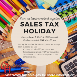 Poster about sales tax holiday including images of school supplies